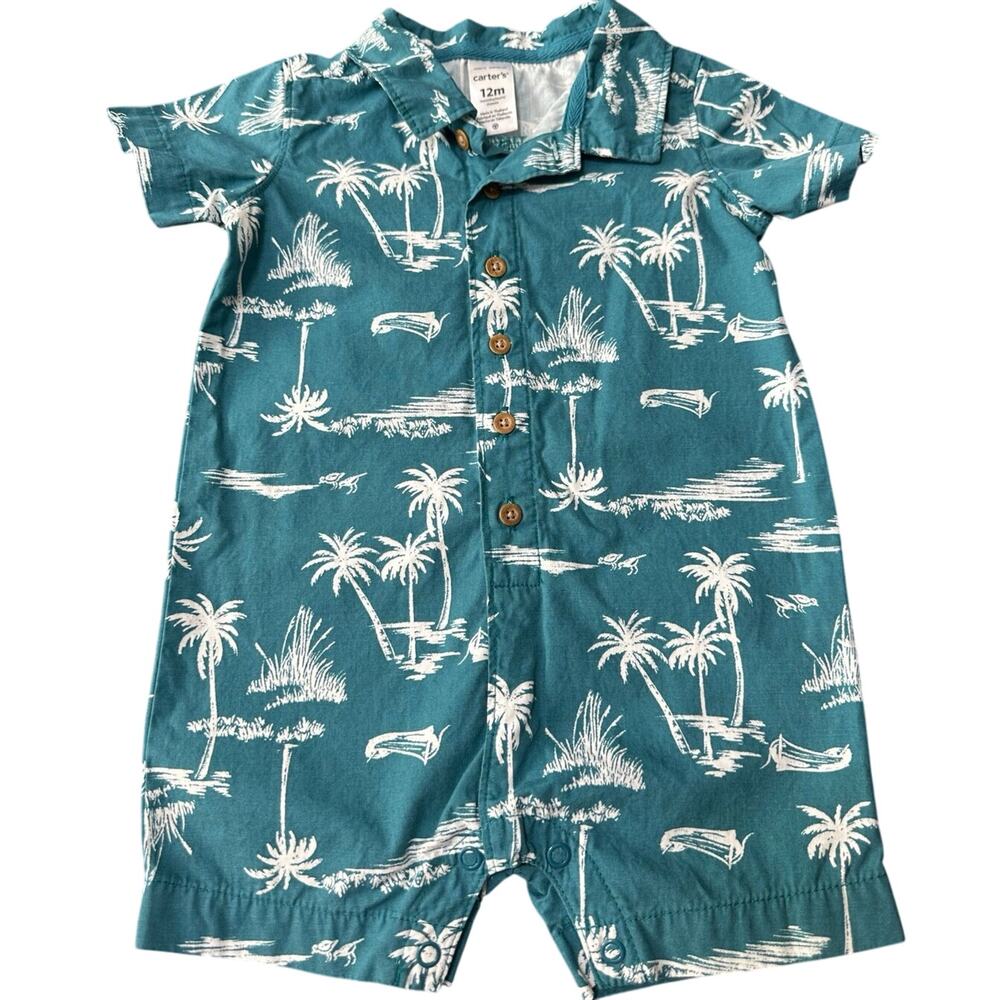 Carters Romper Toddler Boy 12m Button Down Hawaiian EUC‎